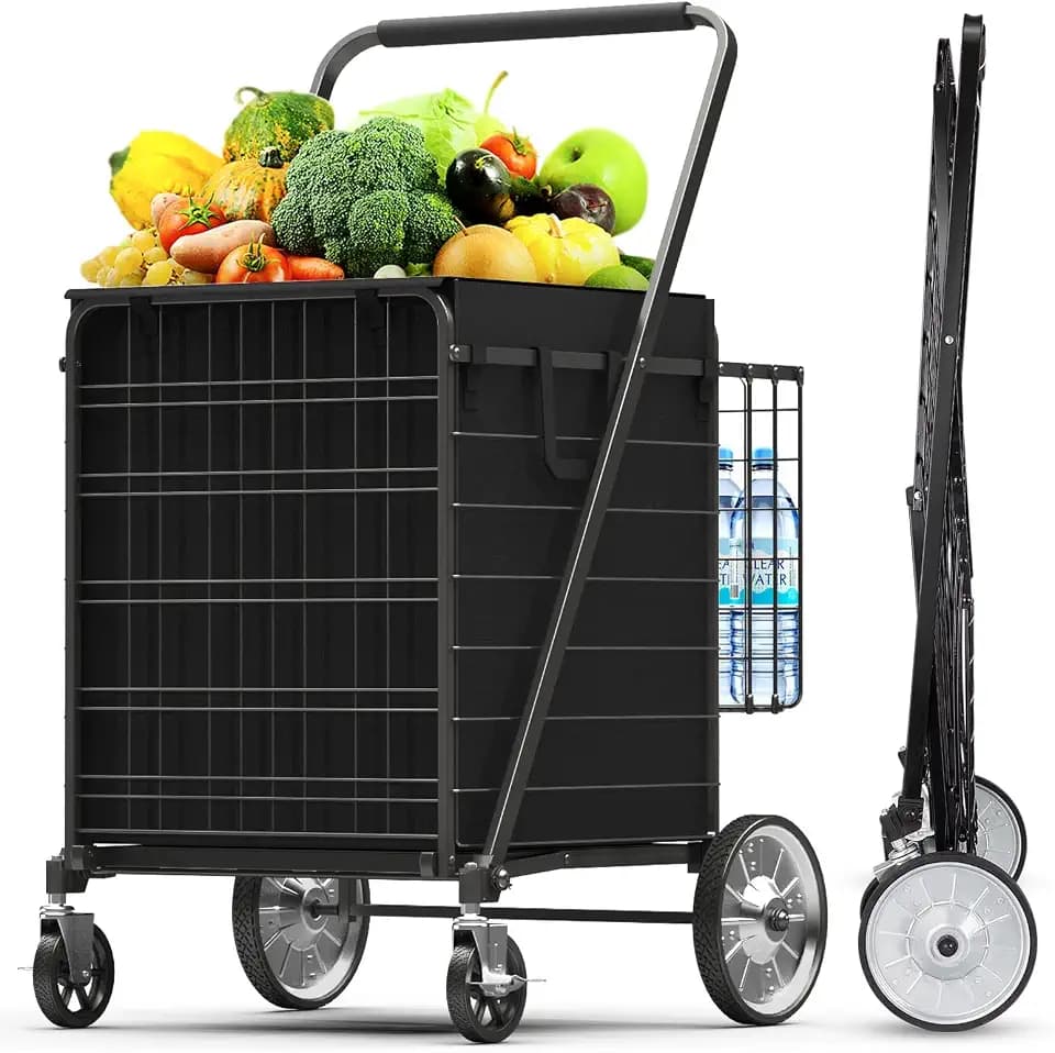 5.7 Cu Ft Folding Shopping Cart - 600 LB Capacity Grocery Cart with 360° Braked Swivel Wheels - Heavy Duty Utility Cart with Double Basket & Removable Waterproof Liner with Lid for Laundry