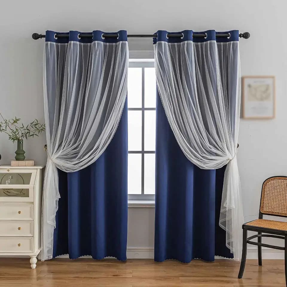 indistar Home Blackout Curtains Double Layer Solid Sheer Grommet Top Window Curtain Panel Pair, 52Wx84L,Navy Blue