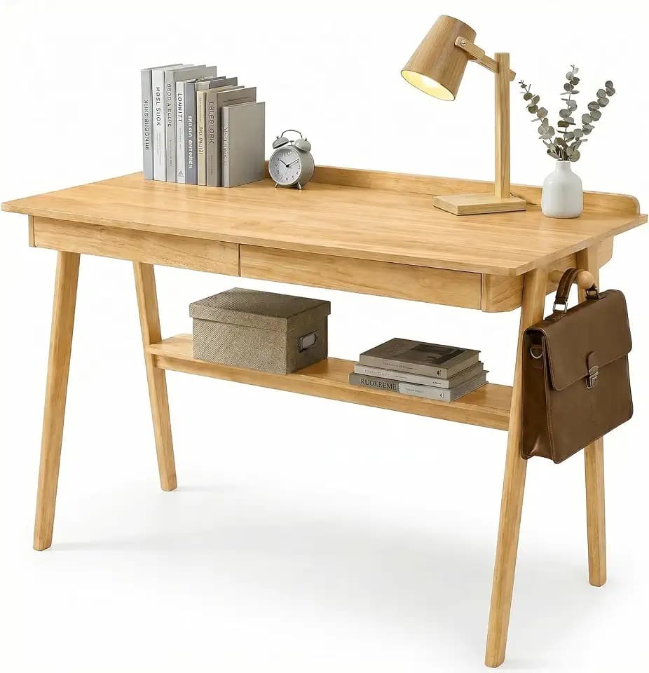 KEIKI Solid Wood Writing Desk with Drawers, 47" Computer Desk with Shelf for Home Office Work, Study, Natural