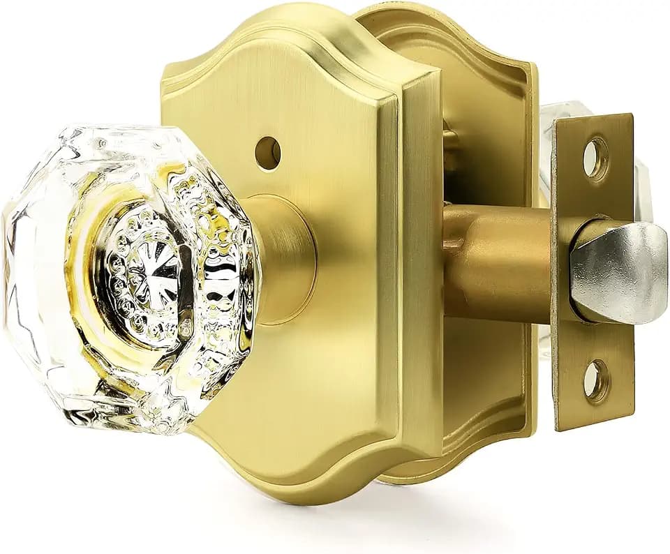 Orger Octagonal Glass Door Knobs 1 Pack, Crystal Interior Privacy Door Handle for Bed/Bathroom with Pin Lock Inside, Gold Vintage Rosette Door Knob with Heavy Duty Genuine Glass