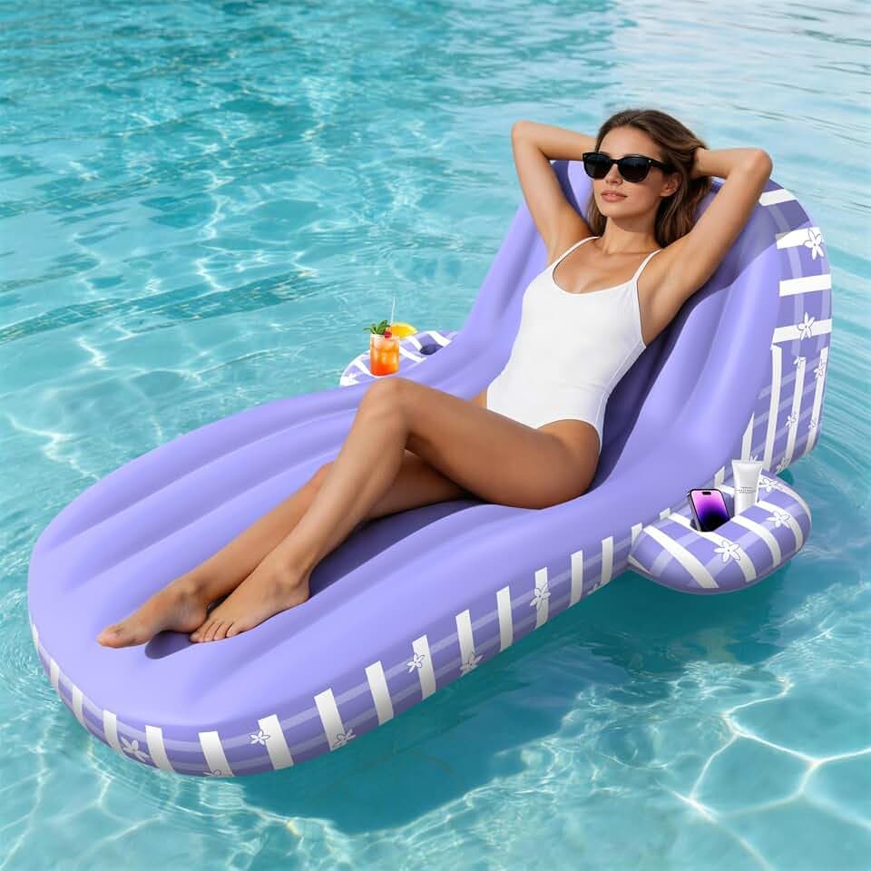 JOSEN Pool Floats Adult Heavy Duty, Inflatable Pool Lounger Float with Cup Holder and Caddy, Extra Large Pool Rafts for Adults, Tanning Pool Float Water Floaties Beach Lake Sunbathing