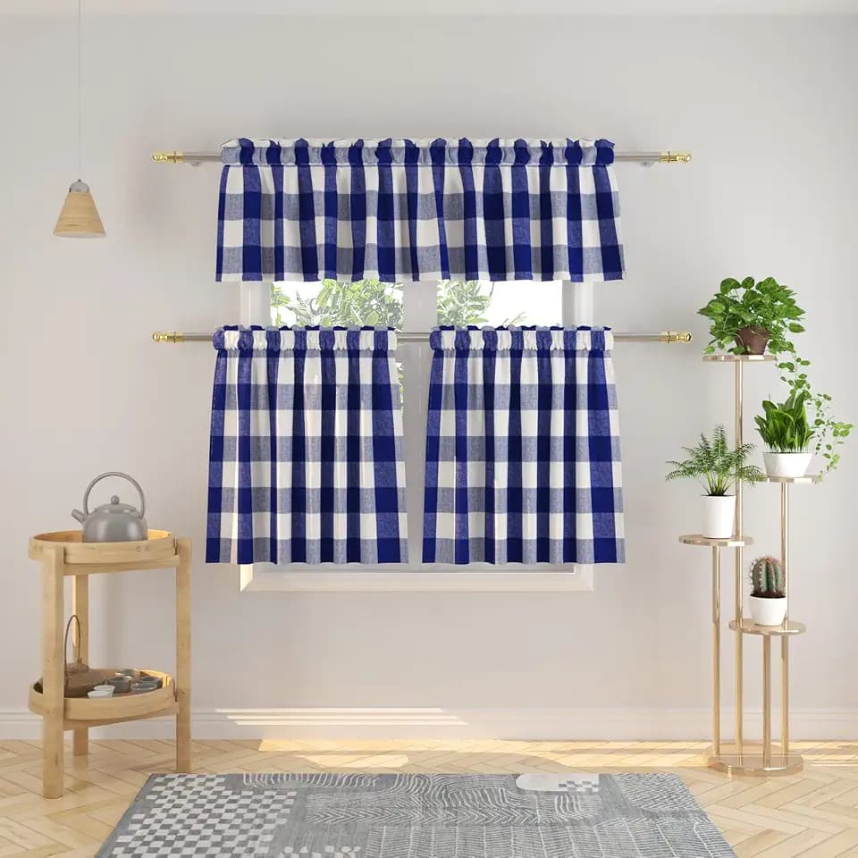 3 Pc Cotton Classic Country Farmhouse Kitchen Window Curtain -Navy Blue & White Buffalo Check Tier & Valance Set, 54" x 18" / 27" x 36"