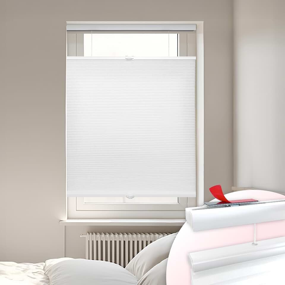 DEZ FURNISHINGS EZ Stick No Drill No Tools Cordless 1" Light Filtering Top Down Bottom Up Cellular Shade, 27.5" W x 72" H, White