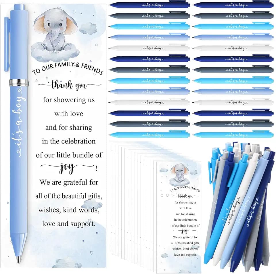 Engrowtic 50 Set Baby Shower Gifts Pens for Guests Bulk Baby Shower Party Favors Retractable Ballpoint Pens with Thank You Cards Gender Reveal Souvenirs Prizes Supplies Return Gifts (Blue Elephant)