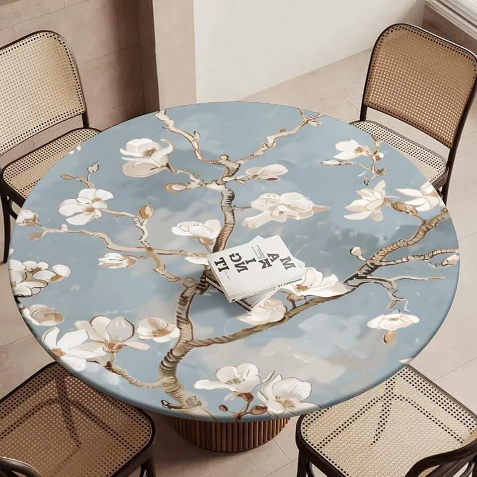 Elegant Flower Round Fitted Tablecloth with Elastic Round Elastic Tablecloth 40"-44" Fitted Table Cover Waterproof Wipeable Circle Table Cloth for Outdoor Picnic