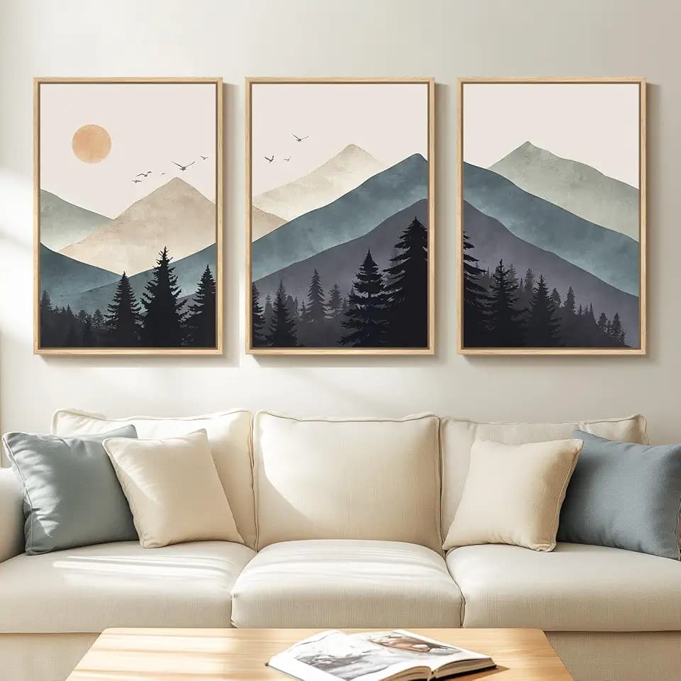 Large Framed Boho Mountain Landscape Wall Art for Living Room, 24x36 Inch