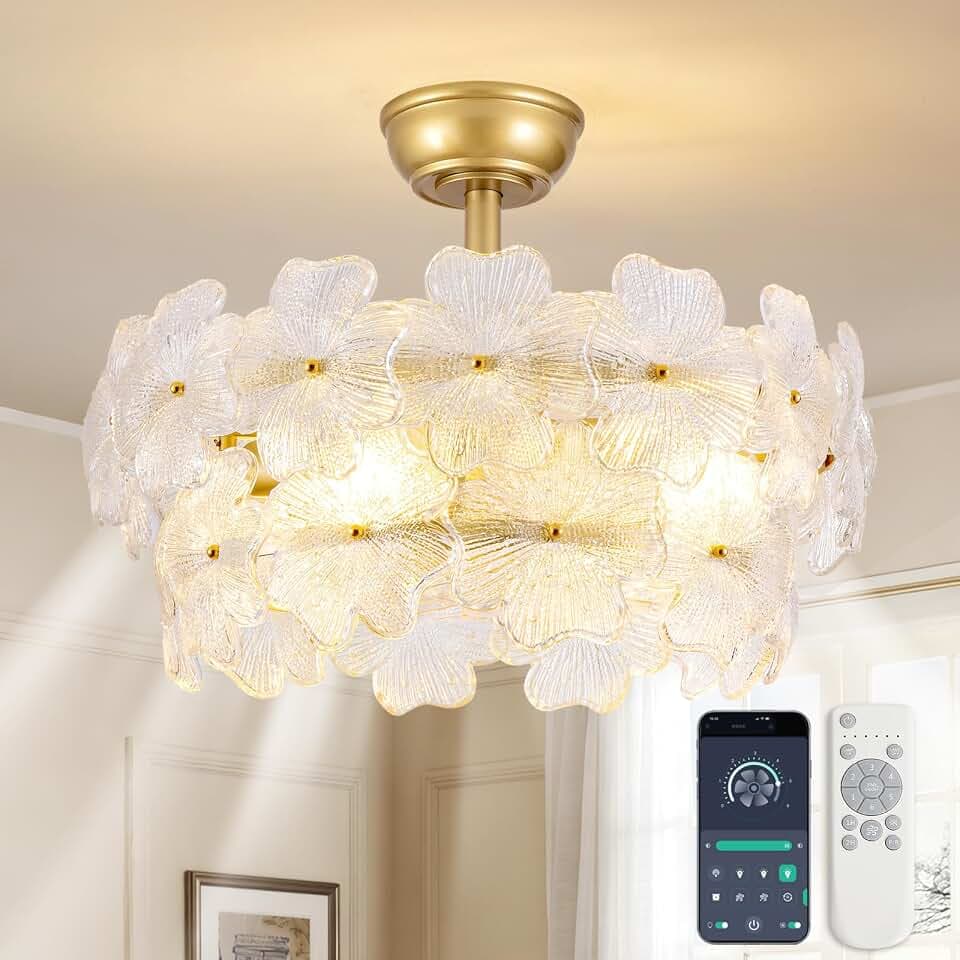 Gold Crystal Fandelier Ceiling Fan, Modern Gold Flower Chandelier with Quiet DC Motor, Remote & App Control, Low Profile Flush Mount for Bedroom Living Room
