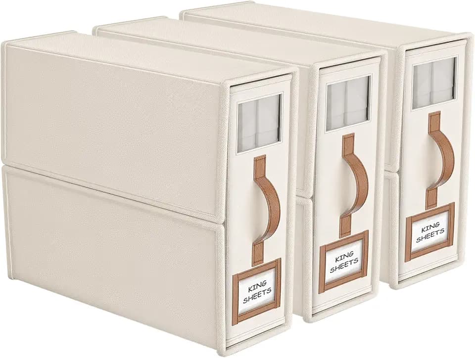 3 Pack Foldable Bed Sheets Set Organizers and Storage(King & Queen Size),Linen Fabric Closet Organizers with Window,Folding Bedding Storage Box for Bedsheets and Pillow Cube Organizer-Beige