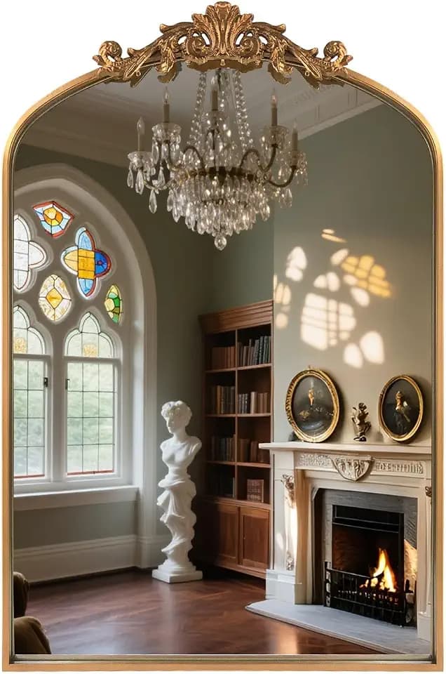 HQiJun Antique Gold Arched Baroque Mirror 24x36 - Brass Finish Metal Frame, Intricately Carved Vertical Wall Mirror for Entryway, Living Room, Bathroom Vanity & Dining Room