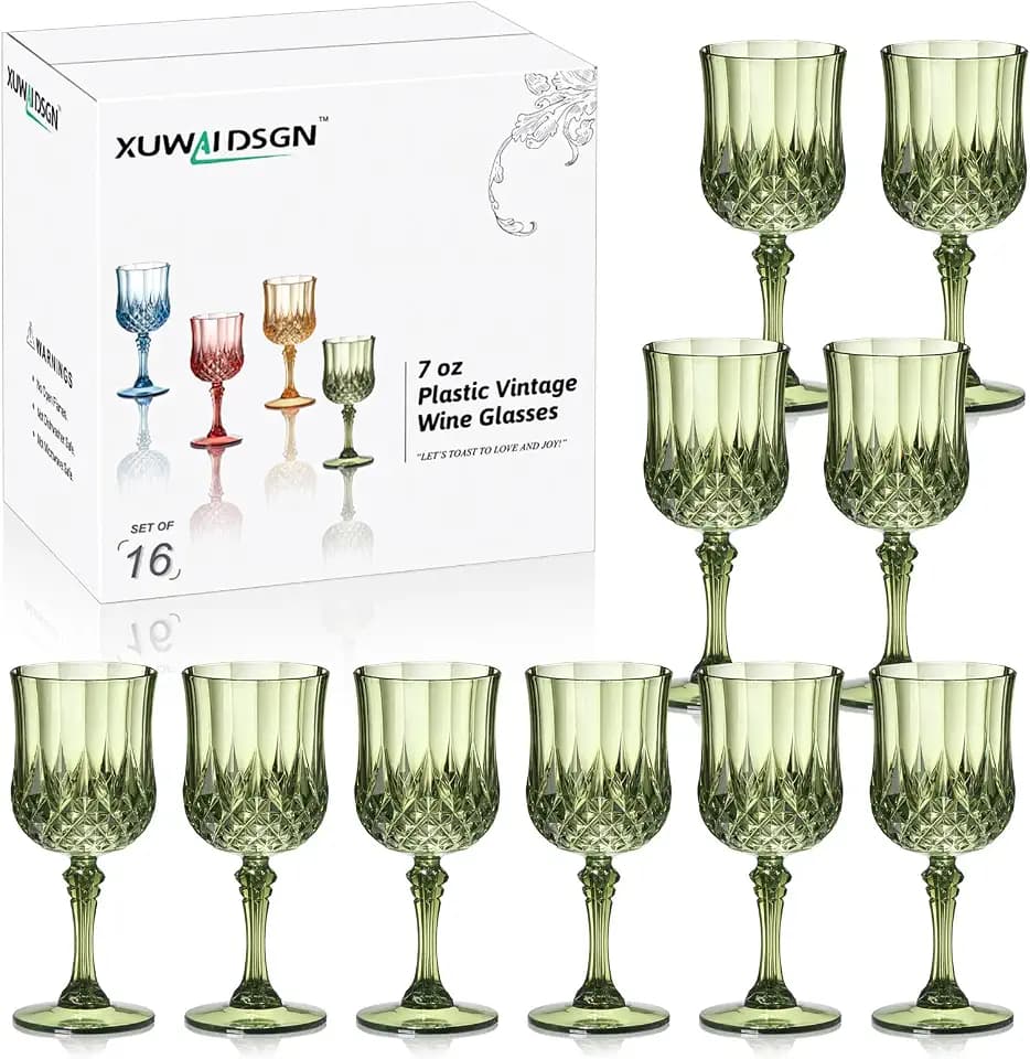 XUWAIDSGN 16 Pcs 7oz Plastic Vintage Wine Glasses Drinking Glasses Unbreakable Wedding Glassware Crystal Water Goblets Reusable Drinkware Vintage Champagne Flutes (16, Dark Green)
