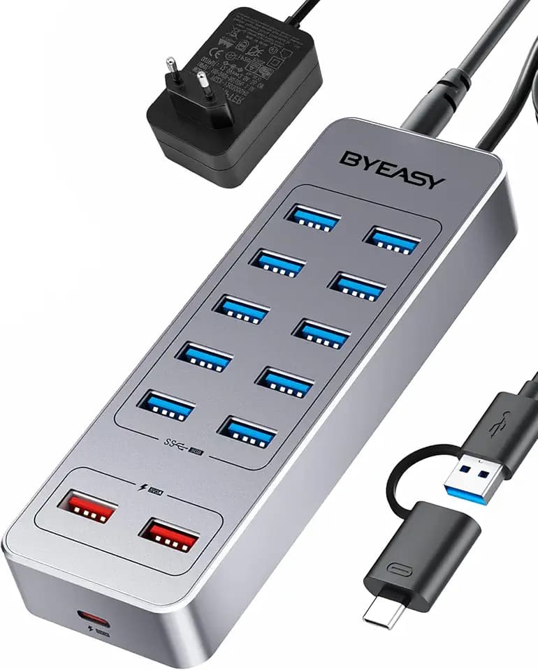 BYEASY Powered USB Hub, 13-Port USB 3.0 Data Hub mit 10*USB 3.0 Ports, 2*USB A Lade Ports und 1*USB C Lade Port, USB Splitter Powered mit 12V3A Adapter für Laptop, Tablet, USB Flash Drives