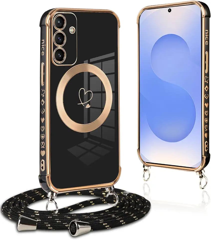 Pnakqil Handyband für Samsung Galaxy S25 FE 5G Hülle mit Band, Kompatibel mit MagSafe,Handyhülle Ultra Dünn Silikon Magnetisch mit Herz Love Muster Schutzhülle mit um Umhängen Kordel,Stoßfest, Schwarz