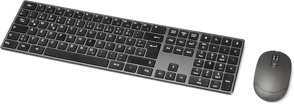 Amazon Basics Tastatur und Maus, kabellos, aufladbar, ultradünn, leiser Anschlag, mit Nummernblock, (dt. Layout nicht garantiert), schwarz