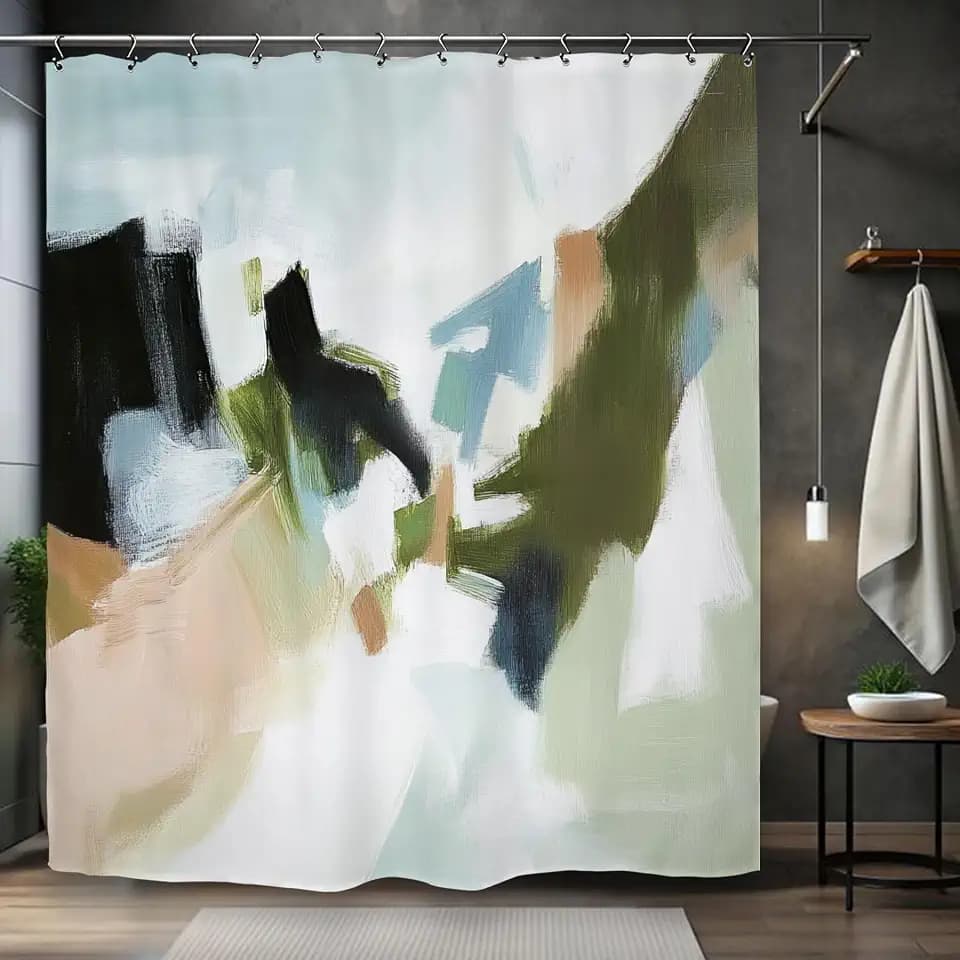 Abstract Green Brushstroke Shower Curtain 60Wx72L Inch Oil Painting Modern Contemporary Art Bathroom Set Accessories Decor with 12 Pack Hooks