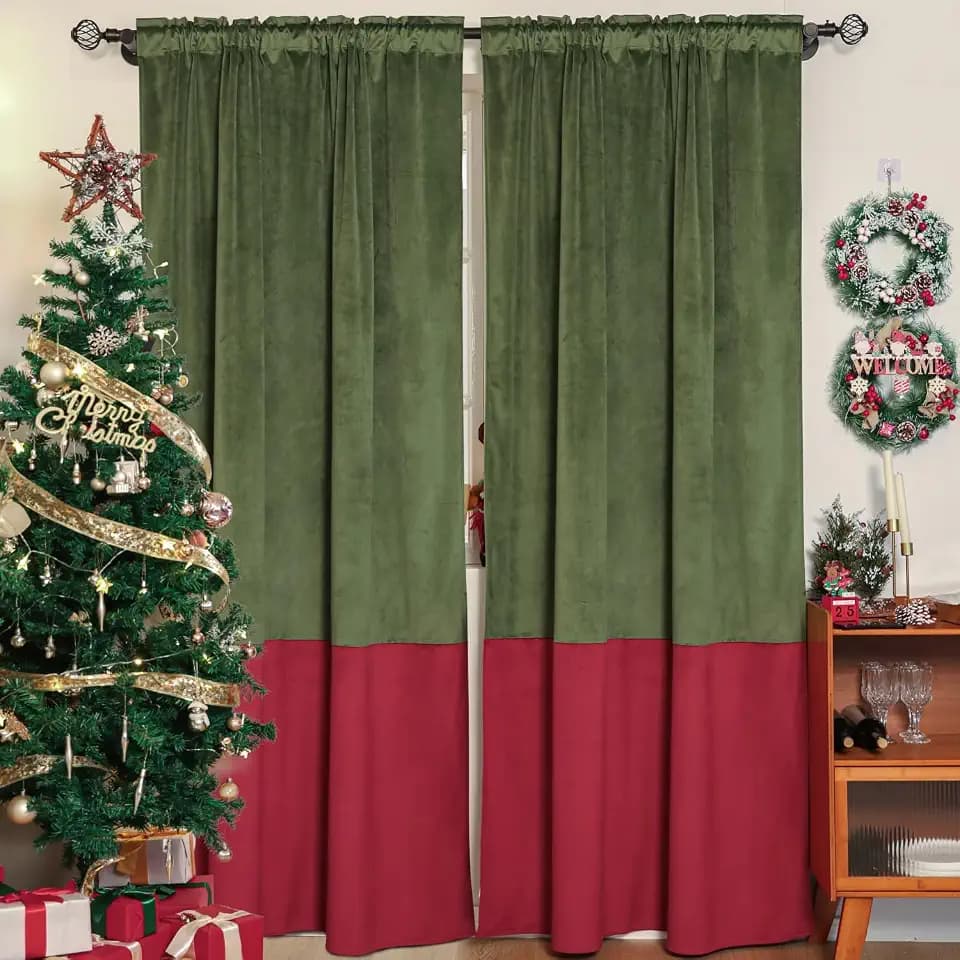 Soft Velvet Curtains 2 Panels Thermal Insulated Privacy Window Treatments for Living Room Green and Red 52x96 Inch