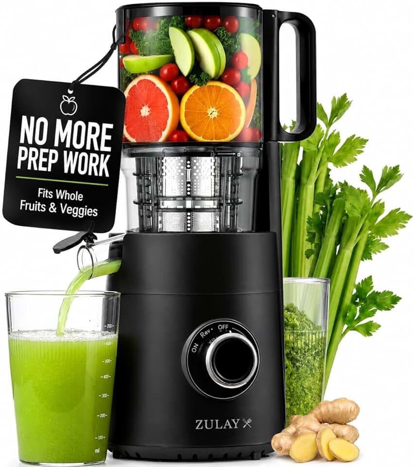 Zulay Kitchen Juicer Machine with 5" Wide Feed Chute, Cold Press Slow Masticating Juicer for Whole Fruits & Vegetables, Easy to Clean Stainless Steel Blades, High Juice Yield - Black