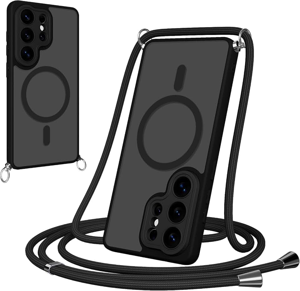 Pnakqil Magnetische Handyband mit Band für Samsung Galaxy S26 Ultra Hülle -Necklace HandyHülle Durchscheinende mit Kameraschutz,justierbarer und Abnehmbarer Kette,Crossbody Magnet Cover,Schwarz