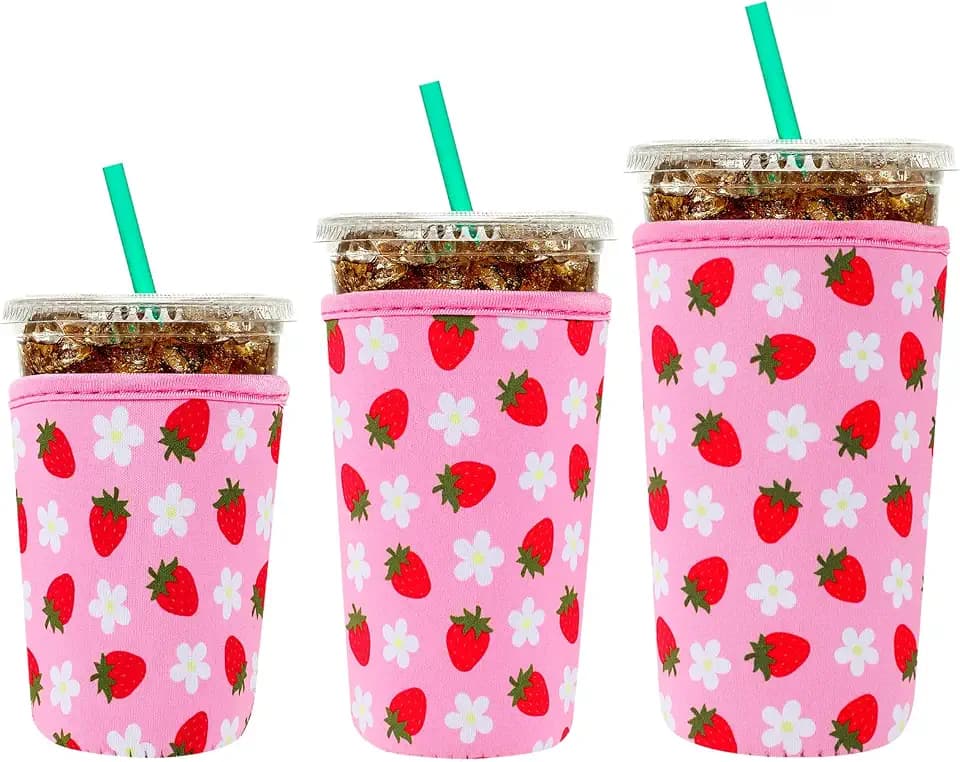 YR Reusable Neoprene Insulator Sleeve for Iced Coffee Cups, 3 Pack Coffee Coolies sleeves for Iced & Hot Drinks, Cold Beverage Cooler Compatible with Cold Soda and More (Strawberry)