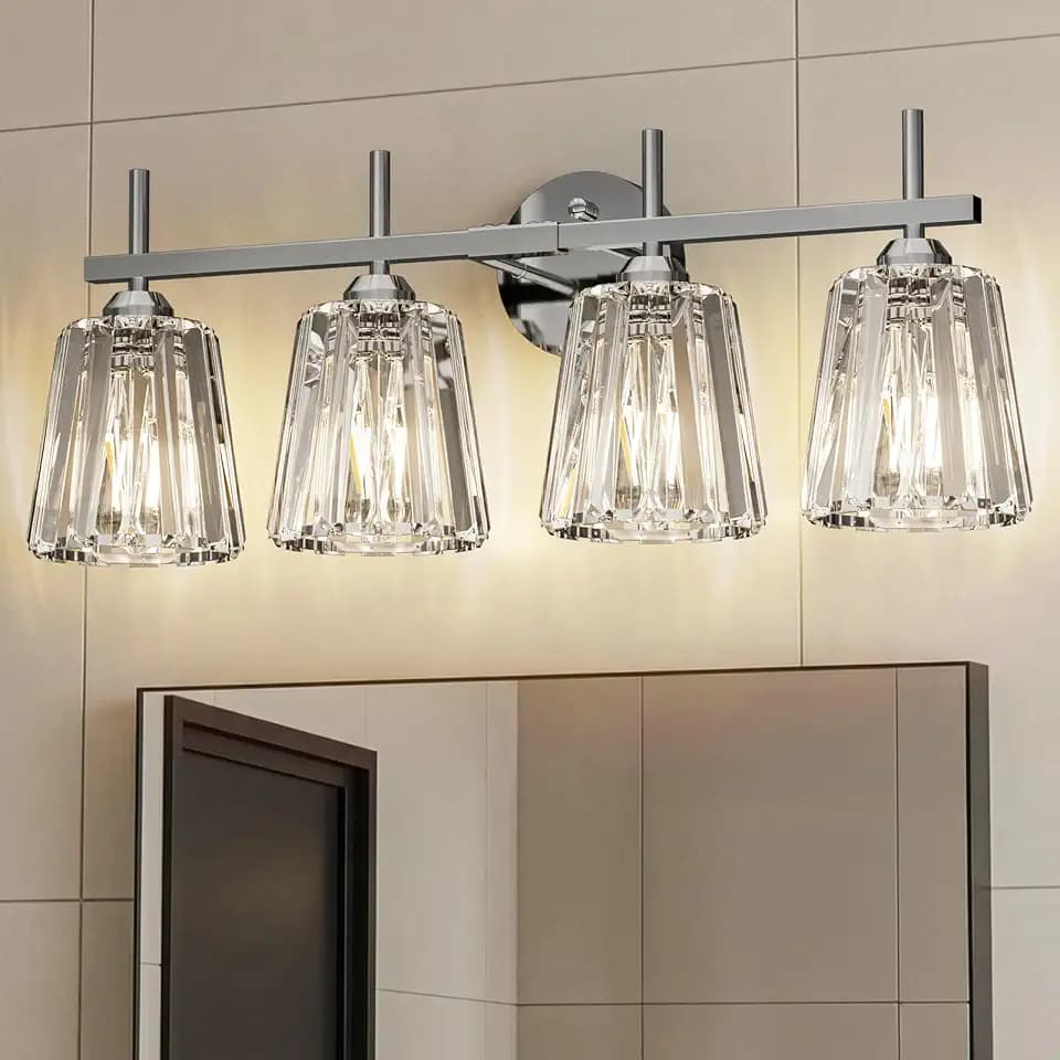 Crystal Bathroom Light Fixtures Over Mirror, Chrome 4-Light Bathroom Vanity Lights Over Mirror Modern Wall Lighting Sconces with Ceramic E26 Base (Bulbs Not Include)