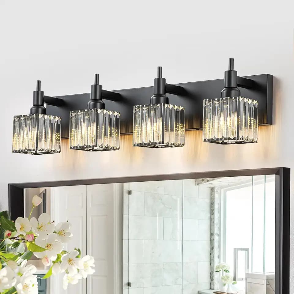 Black Crystal Bathroom Vanity Light 4-Light Modern Bathroom Lighting Fixtures Over Mirror Black Wall Sconce with Square Shade
