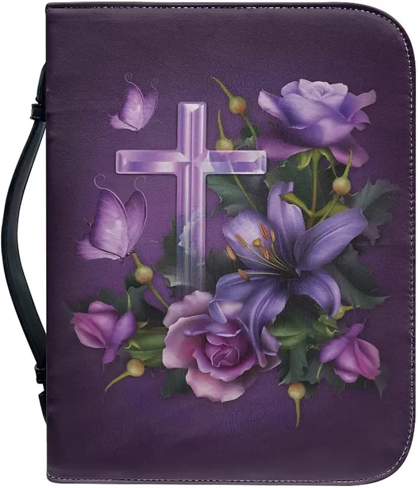 Purple Cross & Flowers Pattern Bible Cover for Men Soft PU Leather Verse Print Bible Carrying Case Large Capacity Book Organizer with Top Handle Gifts for Christians