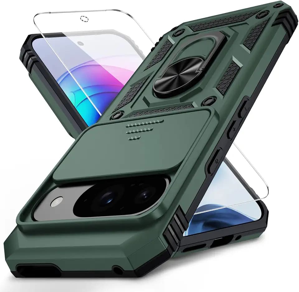 Vinve for Google Pixel 9 Case, Pixel 9 Pro Case, Slide Lens Cover, HD Screen Protector, Military Grade Drop Protection, Magnetic Rotated Ring Holder Kickstand Protective Phone Case (Pine Green)