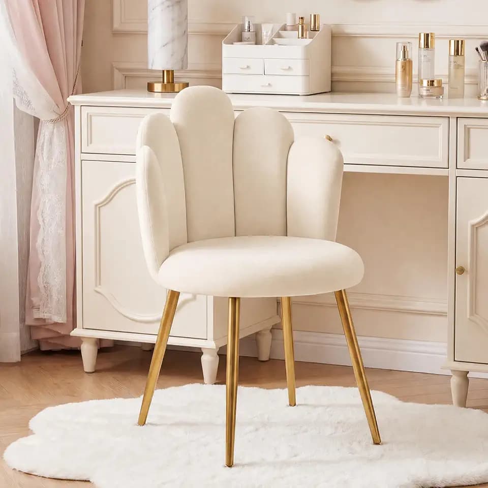 Vanity Chair for Makeup Room - Midcentury Modern Accent Chair for Living Room Bedroom, Makeup Chair with Back Support Velvet Chair with Gold Legs (Beige)