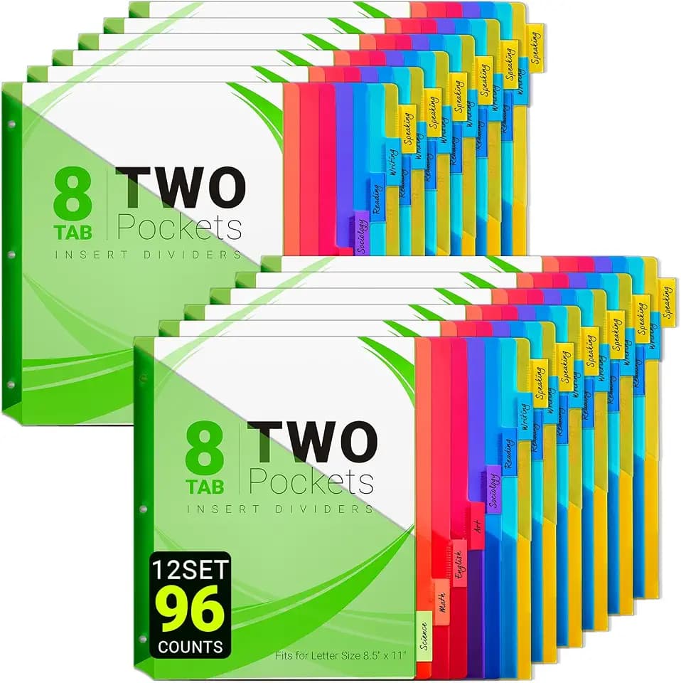 8-Tab Dividers for 3-Ring Binders, 96 Counts 3 Holes Index Dividers with 2 Pockets, Insertable 8 Tabs Binder Divider for 1/2''/1''/2''/3'' inch Binders, 8 Colors (12)