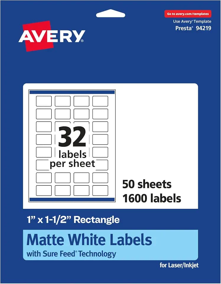 Avery® Matte White Rectangle Labels, Sure Feed® Technology, 1" x 1.5", 1,600 Matte White Printable Labels