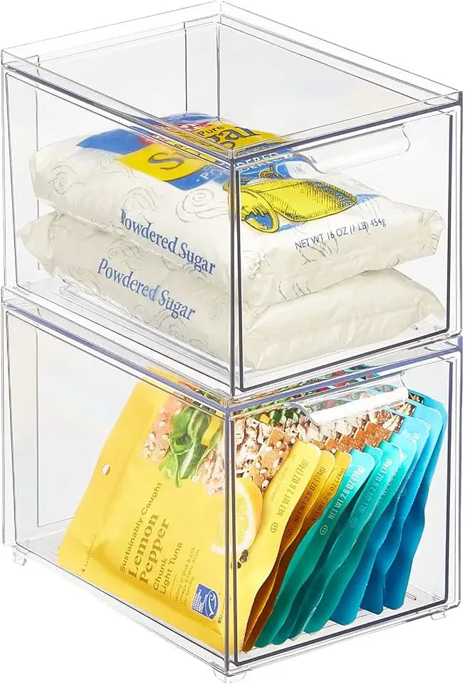mDesign Kitchen Storage Drawer Box – Plastic Storage Box with Pull-Out Drawer – Pantry, Fridge and Cupboard Storage for Food and Snacks – Pack of 2 – Clear