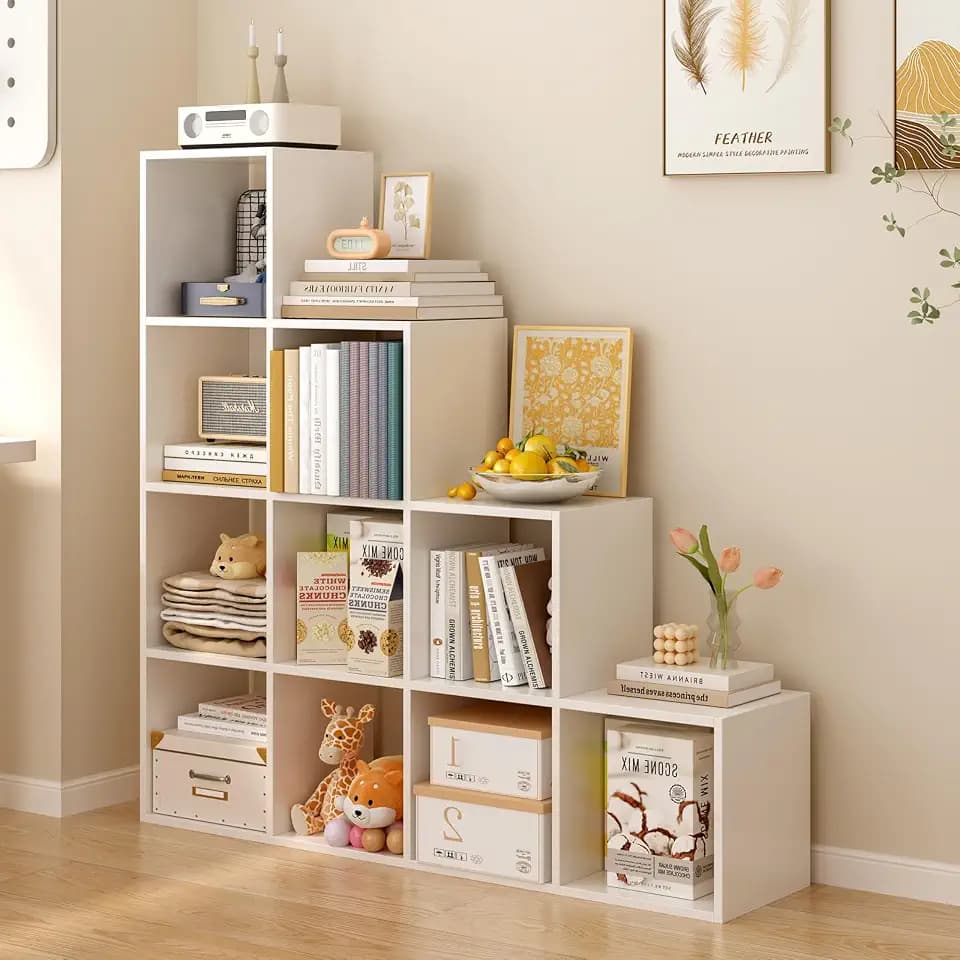 OSCHF Ladder Cube Storage Bookcase, 10-Cube Corner Shelf, White