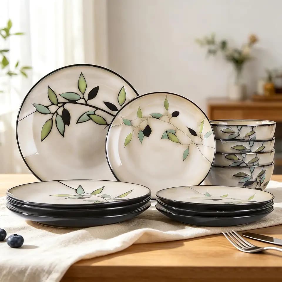 Bamboo Leaf Ceramic Dinner Plates Set of 12, Porcelain Dinnerware for Steak/Salad/Pasta/Dessert, Perfect for Home, Party, Wedding & Restaurant