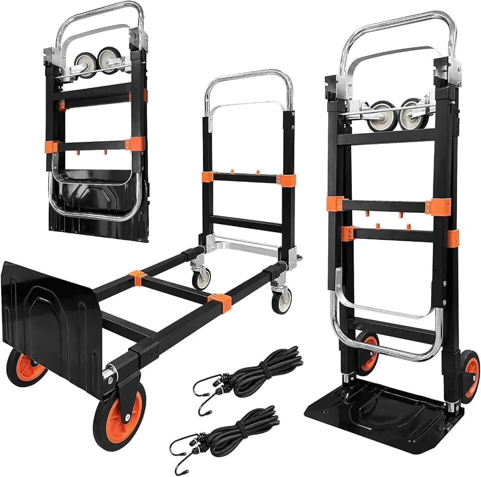 3-in-1 Aluminum Hand Truck Dolly, 600 lbs Heavy Duty Folding Trolley with Universal Wheels, Convertible Hand Truck with Tie Down Straps for Warehouse, Supermarket, Office (Orange)