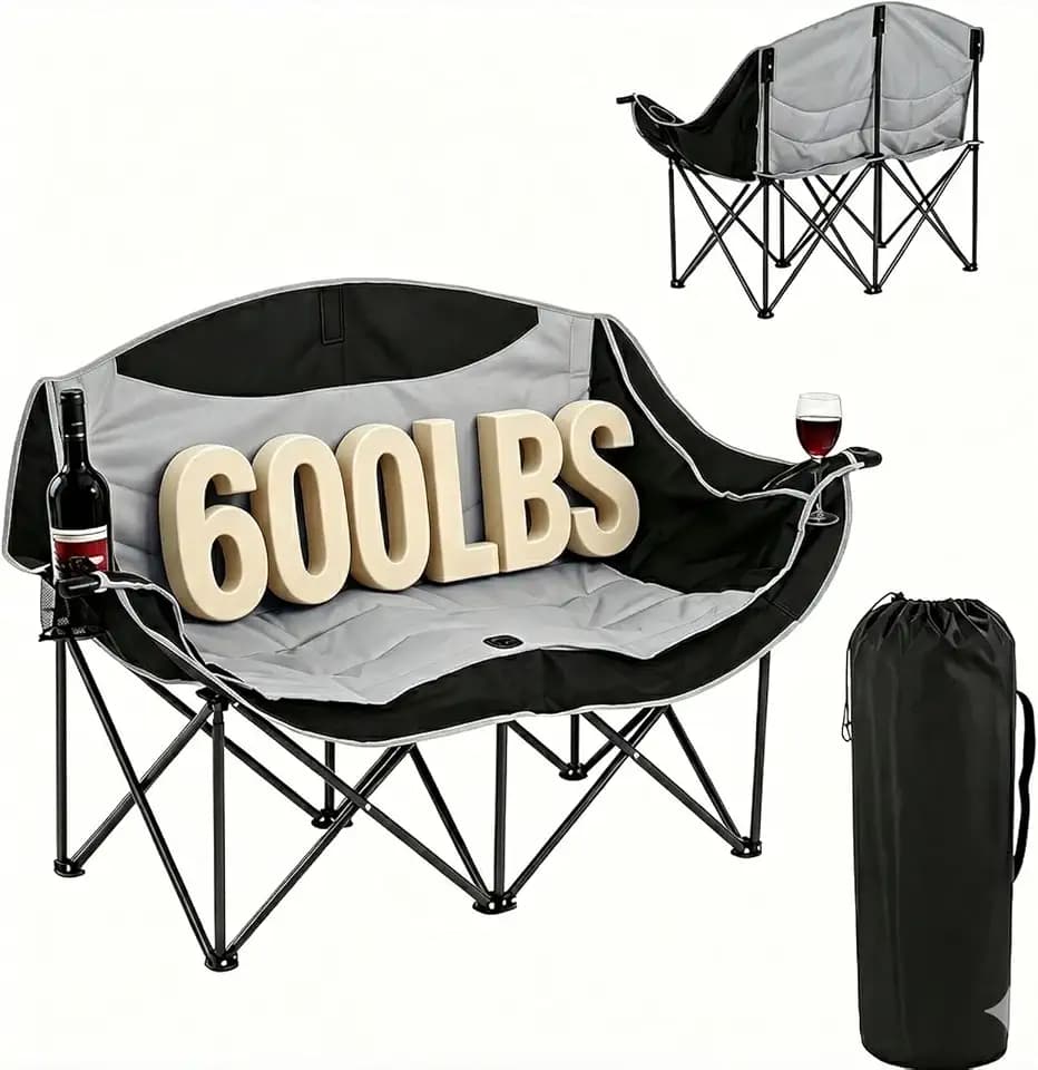 Double Camping Chair for Adults, Oversized Folding Camping Loveseat with Cup Holders, Heavy Duty Padded Double Camp Couch for Outdoor Beach, Tailgating, Sports Games, Backyard, Support 600 lbs