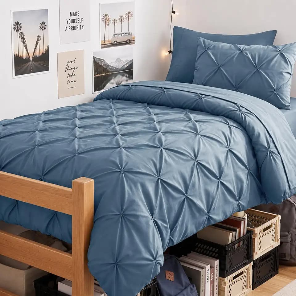 CozyLux Twin Comforter Set Dusty Blue, 5 Pieces Pintuck Bed in a Bag
