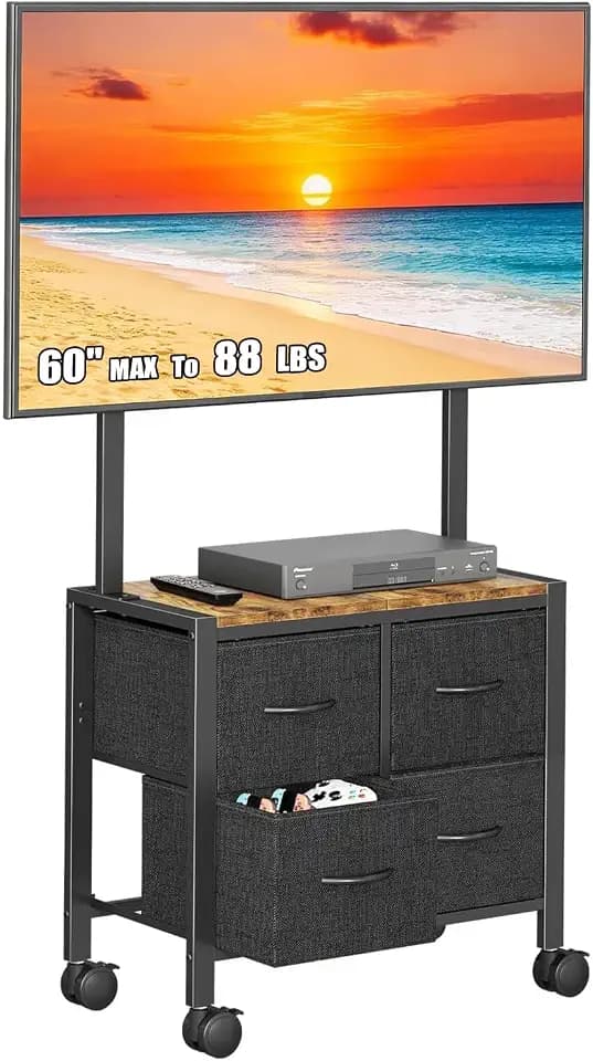 Cottage Charm Mobile TV Cart Rolling TV Stand Holder with 4 Drawer, for 23-60 inch Flat/Curved Screens,Portable Corner Floor TV Stand on Wheels, Holds Up 88Lbs with Wood Shelf, for Living Room Bedroom