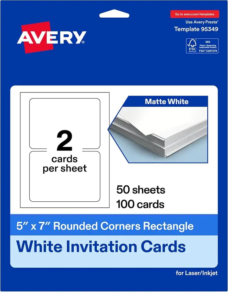 Avery Printable Rectangle Cards with Rounded Corners, 5" x 7", Matte White Cardstock, Laser & Inkjet Printable, 100 Total, Great for Invitations, Thank You Messages, and More