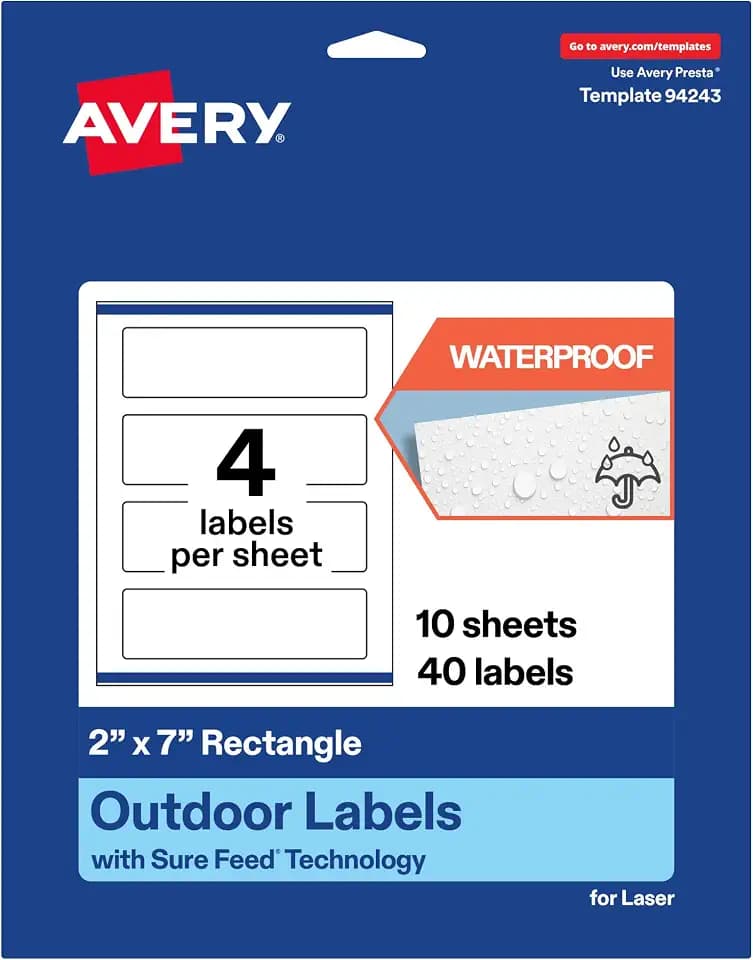 Avery Outdoor Waterproof Rectangle Labels with Sure Feed Technology, 2" x 7", White Film, Print-to-the-Edge, Compatible with Laser Printers, 40 Labels Total