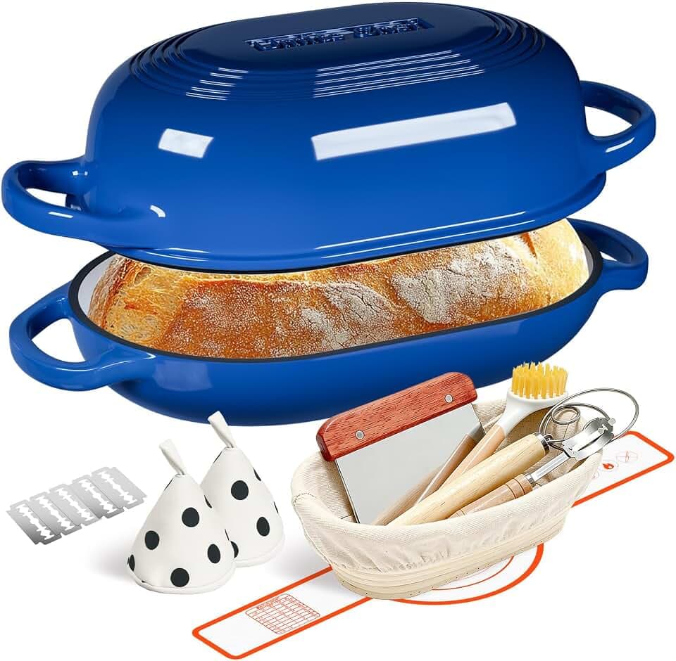 Enameled Cast Iron Dutch Oven for Bread Baking - incl. Sourdough Bread-Baking Supplies like Banneton Bread-Proofing Basket - 5QT Loaf Cast Iron Bread Oven Pan with Lid Meatloaf Pan with Lid, Sour Sough Tools, Lame(Blue)