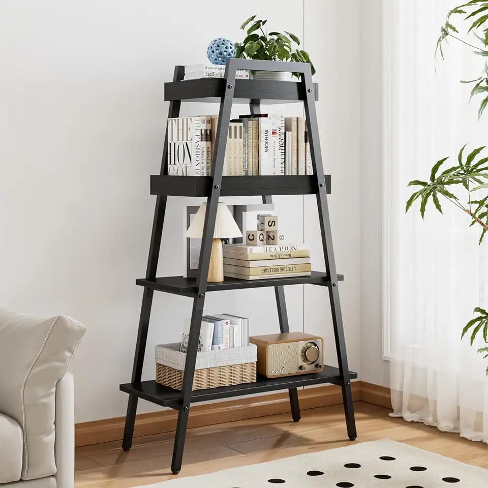 VECELO Ladder Shelf, 4 Tier Wooden Bookshelf with Metal Frame, Freestanding Bookcase Display Shelves and Plant Stand for Living Room/Farmhouse/Bedroom/Home Office-Black
