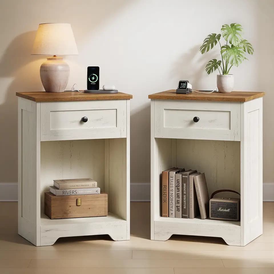 VASAGLE White Nightstand with Charging Station, 1 Drawer, Set of 2