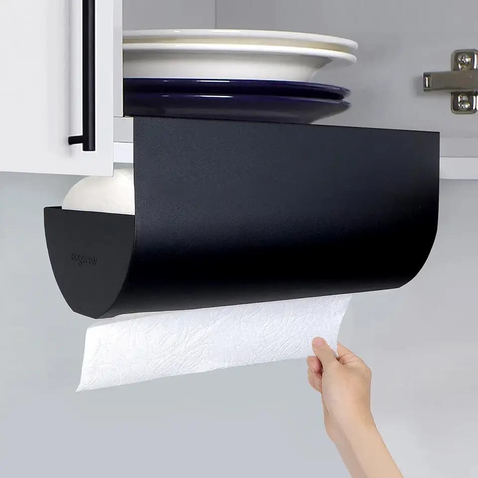 Paper Towel Holder Under Cabinet, Wall Mount Look, No-Drill - Black