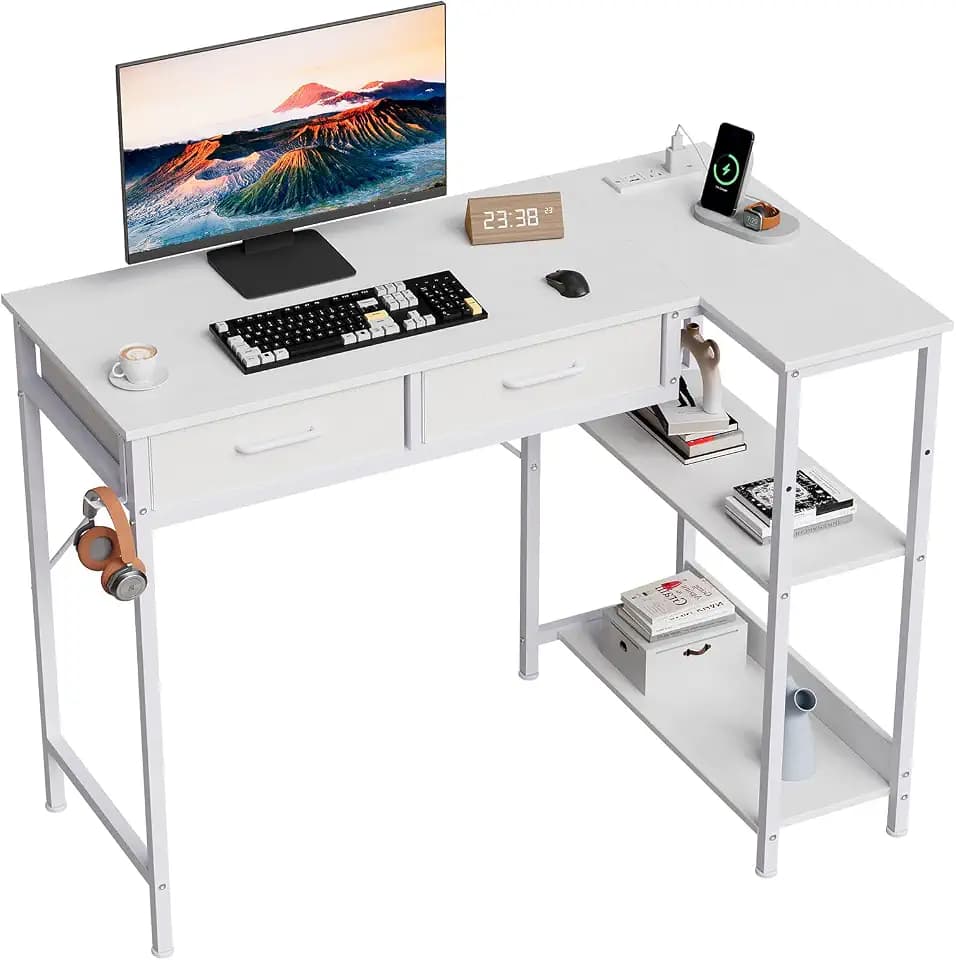 Garvee 40 Inch Gaming Desk with Power Outlet, l Shaped Computer Gaming Table with 3 Tiers Storage Shelves & 2 Drawers, Escritorio with Headphone Hook, Corner Gamer Desk for Small Spaces, White