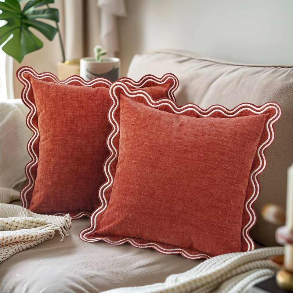 TINYSUN Rust Decorative Scalloped Throw Pillow Covers Set of 2, Embroidered Scallop Wavy Design, Premium Chenille Cushion Fall Pillow Covers for Living Room Sofa Couch Bed(Crimson Rust, 18x18 Inches)