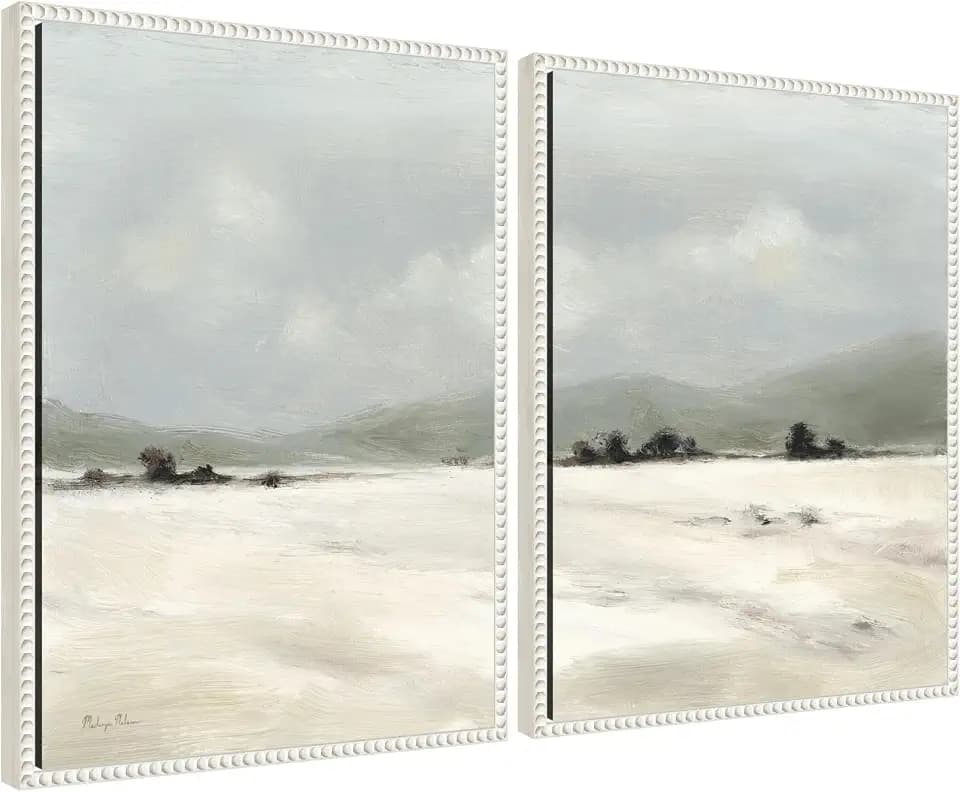Kate and Laurel December Mist - 2 Piece Framed Canvas Wall Art Set by Mackenzie Nelson, Sylvie Beaded White Modern Contemporary, Landscape Art for Wall Decor
