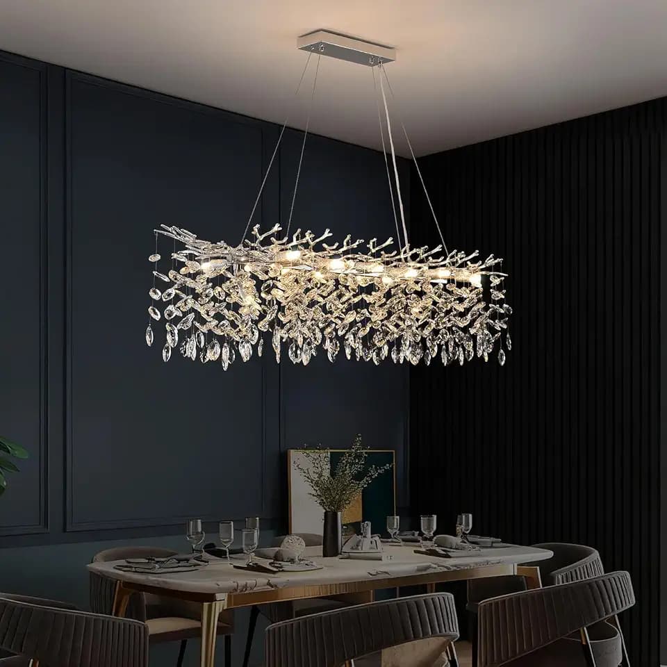 Modern Tree Branch Chandelier Luxury Crystal Pendant Light, Rectangle Chrome Art Deco Raindrop Linear Lighting Fixture for Dining Room Kitchen Island 14 Lights L47.3''