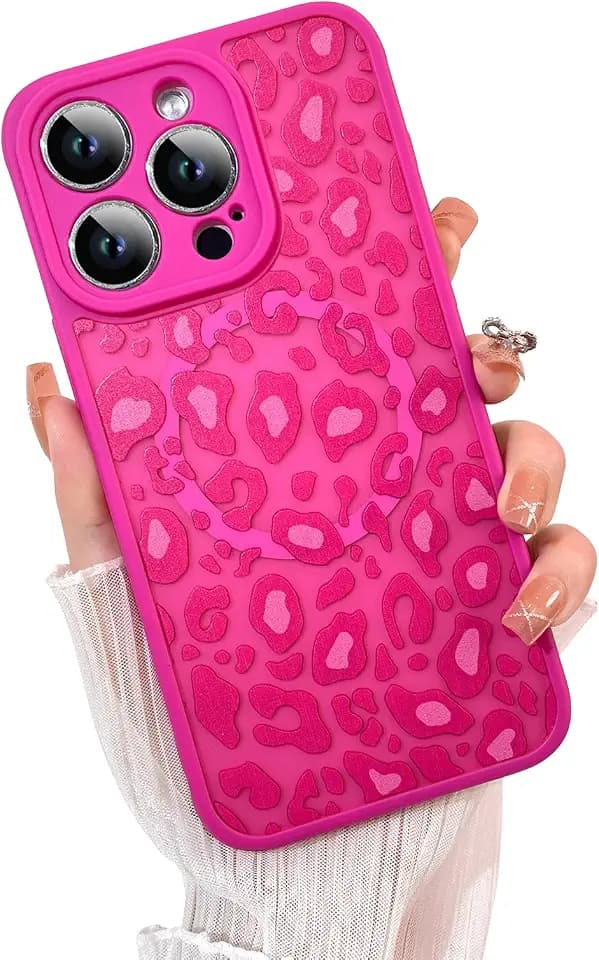 KANGHAR Case for iPhone 15 Pro Hot Pink Leopard Printed Pattern