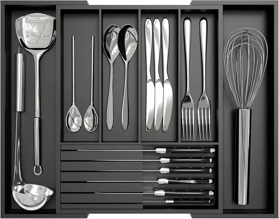 Bamboo Kitchen Silverware Drawer Organizer - Expandable Wood Utensil Holder with Dividers, Luxury Cutlery Storage Tray for Kitchen Utensil and Flatware (5-7 Slots with Removable Knife Block, Black)