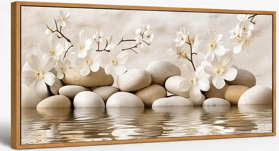 Large Framed Canvas Wall Art, 2D Zen Stone and White Flower Painting Picture Wall Decor, Calming Spa Bathroom Poster Print Artwork for Living Room Bedroom yoga meditation Home Decoration 16x32in