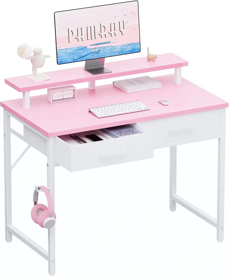 Pamray 32 Inch Small Computer Desk with Monitor Stand and 2 Drawers